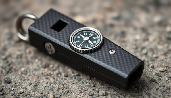 A detailed, high-quality close-up photograph of a compass survival whistle, showcasing its sleek, rugged design. The whistle is made of durable carbon fiber material, with a built-in compass integrated into the body. Soft, even lighting illuminates the intricate textures and metallic accents, creating a sense of precision and functionality. The image is captured from a slightly elevated angle, highlighting the whistle's ergonomic shape and highlighting its key features. The background is a neutral, blurred backdrop, allowing the subject to take center stage and emphasize its practical, outdoor-focused purpose. A detailed, high-quality close-up photograph of a compass survival whistle, showcasing its sleek, rugged design. The whistle is made of durable carbon fiber material, with a built-in compass integrated into the body. Soft, even lighting illuminates the intricate textures and metallic accents, creating a sense of precision and functionality. The image is captured from a slightly elevated angle, highlighting the whistle's ergonomic shape and highlighting its key features. The background is a neutral, blurred backdrop, allowing the subject to take center stage and emphasize its practical, outdoor-focused purpose.