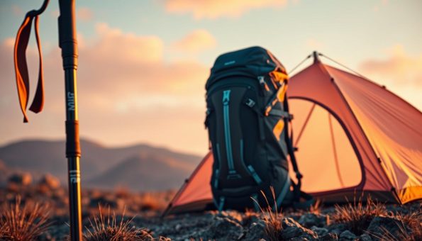 A futuristic scene of ultralight outdoor gear, capturing the latest innovations in materials and design. In the foreground, a sleek, carbon fiber trekking pole stands tall, its lightweight construction and adjustable features on display. In the middle ground, a technologically-advanced backpack features a minimalist silhouette, with strategically placed ventilation and storage compartments. In the background, a tent made of ultra-durable, yet lightweight fabric gently sways in a cool breeze, hinting at the adventurous expeditions it could support. The entire scene is bathed in a warm, futuristic glow, conveying a sense of progress and the endless possibilities of the great outdoors. A futuristic scene of ultralight outdoor gear, capturing the latest innovations in materials and design. In the foreground, a sleek, carbon fiber trekking pole stands tall, its lightweight construction and adjustable features on display. In the middle ground, a technologically-advanced backpack features a minimalist silhouette, with strategically placed ventilation and storage compartments. In the background, a tent made of ultra-durable, yet lightweight fabric gently sways in a cool breeze, hinting at the adventurous expeditions it could support. The entire scene is bathed in a warm, futuristic glow, conveying a sense of progress and the endless possibilities of the great outdoors.