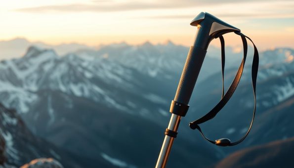 A futuristic trekking pole with a sleek, aerodynamic design, crafted from high-tensile 3K carbon fiber. The pole's surface is adorned with a metallic sheen, reflecting the warm glow of a soft, directional light source. The grip features a textured, rubberized surface for exceptional wet-rock traction, complemented by an adjustable wrist strap for secure handling. In the background, a panoramic vista of towering, snow-capped mountains and a vast, ethereal sky, hinting at the pole's suitability for high-altitude adventures. The overall impression conveys a sense of technological innovation, durability, and a deep connection with the natural world. A futuristic trekking pole with a sleek, aerodynamic design, crafted from high-tensile 3K carbon fiber. The pole's surface is adorned with a metallic sheen, reflecting the warm glow of a soft, directional light source. The grip features a textured, rubberized surface for exceptional wet-rock traction, complemented by an adjustable wrist strap for secure handling. In the background, a panoramic vista of towering, snow-capped mountains and a vast, ethereal sky, hinting at the pole's suitability for high-altitude adventures. The overall impression conveys a sense of technological innovation, durability, and a deep connection with the natural world.