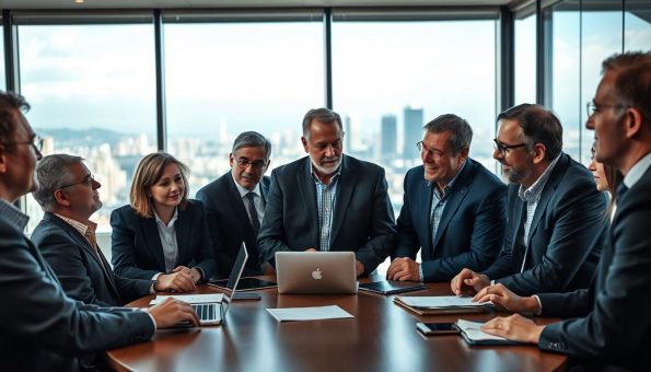 A group of respected industry leaders gathered in a well-lit modern conference room, their faces illuminated by soft directional lighting. In the foreground, three experienced professionals engaged in an animated discussion, their expressions conveying deep expertise and insightful analysis. The middle ground features a curved conference table, with laptops and notepads scattered around, suggesting an active brainstorming session. In the background, floor-to-ceiling windows offer a scenic view of a bustling cityscape, adding a sense of authority and importance to the scene. The overall mood is one of focused collaboration and authoritative knowledge, perfectly capturing the "Expert Insights from Industry Leaders" theme. A group of respected industry leaders gathered in a well-lit modern conference room, their faces illuminated by soft directional lighting. In the foreground, three experienced professionals engaged in an animated discussion, their expressions conveying deep expertise and insightful analysis. The middle ground features a curved conference table, with laptops and notepads scattered around, suggesting an active brainstorming session. In the background, floor-to-ceiling windows offer a scenic view of a bustling cityscape, adding a sense of authority and importance to the scene. The overall mood is one of focused collaboration and authoritative knowledge, perfectly capturing the "Expert Insights from Industry Leaders" theme.