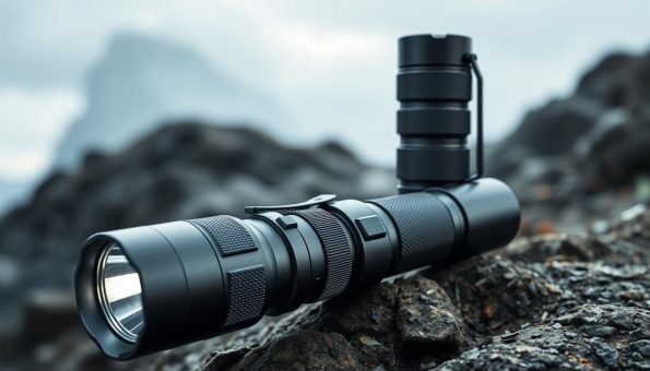 A high-intensity, multifunctional flashlight for hiking, with a sleek, cylindrical body and a durable, scratch-resistant finish. The flashlight features a powerful LED light source that can illuminate the trail ahead with a wide, adjustable beam, providing maximum visibility in low-light conditions. In the foreground, the flashlight's various controls and settings are prominently displayed, showcasing its versatility, including adjustable brightness, strobe, and SOS modes. The middle ground features the flashlight's robust, knurled grip and sturdy, anodized aluminum construction, ensuring a secure and comfortable hold during outdoor adventures. The background depicts a rugged, natural setting, with the flashlight's powerful beam cutting through the darkness, illuminating the path ahead and conveying a sense of safety and reliability for hikers and trekkers. A high-intensity, multifunctional flashlight for hiking, with a sleek, cylindrical body and a durable, scratch-resistant finish. The flashlight features a powerful LED light source that can illuminate the trail ahead with a wide, adjustable beam, providing maximum visibility in low-light conditions. In the foreground, the flashlight's various controls and settings are prominently displayed, showcasing its versatility, including adjustable brightness, strobe, and SOS modes. The middle ground features the flashlight's robust, knurled grip and sturdy, anodized aluminum construction, ensuring a secure and comfortable hold during outdoor adventures. The background depicts a rugged, natural setting, with the flashlight's powerful beam cutting through the darkness, illuminating the path ahead and conveying a sense of safety and reliability for hikers and trekkers.