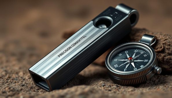 A high-quality, detailed image of a compass survival whistle. A sleek, carbon fiber whistle in the foreground, with a precision compass embedded in the body. The whistle has a brushed metallic finish, with a subtle pattern etched into the surface, conveying a sense of rugged durability. Positioned next to the whistle is a compass, its face displaying precise cardinal directions and a detailed dial. The background is a muted, earthy tone, allowing the whistle and compass to be the focal point. Soft, directional lighting accentuates the metallic sheen and highlights the intricate details of the tools. The overall composition suggests a sense of adventure, exploration, and preparedness for the outdoors. A high-quality, detailed image of a compass survival whistle. A sleek, carbon fiber whistle in the foreground, with a precision compass embedded in the body. The whistle has a brushed metallic finish, with a subtle pattern etched into the surface, conveying a sense of rugged durability. Positioned next to the whistle is a compass, its face displaying precise cardinal directions and a detailed dial. The background is a muted, earthy tone, allowing the whistle and compass to be the focal point. Soft, directional lighting accentuates the metallic sheen and highlights the intricate details of the tools. The overall composition suggests a sense of adventure, exploration, and preparedness for the outdoors.