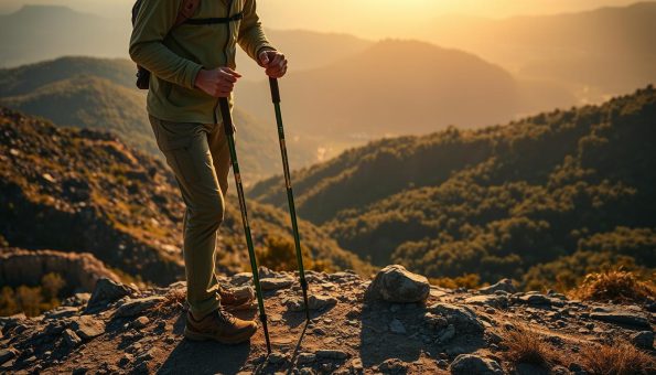 A lone hiker stands on a rugged mountain trail, carefully adjusting their lightweight carbon fiber hiking poles. The scene is bathed in warm, golden-hour sunlight, casting long shadows and highlighting the intricate textures of the surrounding terrain. In the foreground, the hiker's hands deftly manipulate the pole's adjustable features, optimizing their grip and stride for maximum efficiency. The middle ground reveals a scenic vista of rolling hills and distant peaks, while the background is a tapestry of lush, verdant foliage. The overall mood is one of focused determination, as the hiker's actions demonstrate a deep understanding of the importance of gear synergy in achieving a successful and enjoyable hike. A lone hiker stands on a rugged mountain trail, carefully adjusting their lightweight carbon fiber hiking poles. The scene is bathed in warm, golden-hour sunlight, casting long shadows and highlighting the intricate textures of the surrounding terrain. In the foreground, the hiker's hands deftly manipulate the pole's adjustable features, optimizing their grip and stride for maximum efficiency. The middle ground reveals a scenic vista of rolling hills and distant peaks, while the background is a tapestry of lush, verdant foliage. The overall mood is one of focused determination, as the hiker's actions demonstrate a deep understanding of the importance of gear synergy in achieving a successful and enjoyable hike.