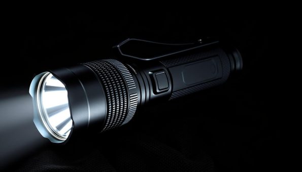 A multifunctional high-intensity flashlight with a sleek, ergonomic body crafted from durable aluminum alloy. The flashlight features a powerful LED light source that emits a brilliant, focused beam, illuminating the surroundings with vivid clarity. Textured grip and a sturdy, rubberized housing ensure a secure and comfortable hold, even in demanding outdoor conditions. The flashlight's multi-mode functionality allows for adjustable brightness, from a subtle glow to a penetrating, high-powered beam, making it a versatile tool for various tasks. Set against a dark, moody background, the flashlight's powerful beam cuts through the shadows, evoking a sense of exploration and adventure.