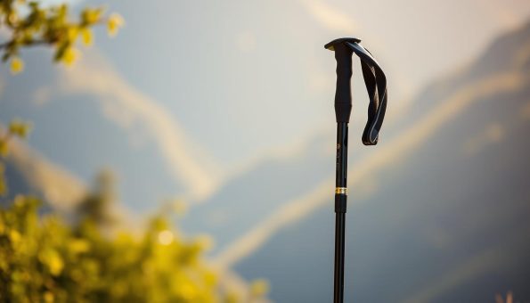 A pair of sleek, lightweight carbon fiber trekking poles standing upright against a blurred natural backdrop of lush greenery and sunlit mountains. The poles are captured in sharp focus, their ergonomic grips and adjustable shafts highlighting their performance-oriented design. Warm, directional lighting from the side creates dramatic shadows, emphasizing the poles' graceful silhouettes and robust construction. The overall mood is one of adventure, efficiency, and the joy of lightweight hiking. A pair of sleek, lightweight carbon fiber trekking poles standing upright against a blurred natural backdrop of lush greenery and sunlit mountains. The poles are captured in sharp focus, their ergonomic grips and adjustable shafts highlighting their performance-oriented design. Warm, directional lighting from the side creates dramatic shadows, emphasizing the poles' graceful silhouettes and robust construction. The overall mood is one of adventure, efficiency, and the joy of lightweight hiking.