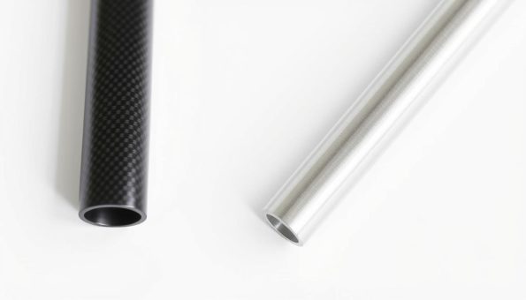 A close-up comparison of a carbon fiber and an aluminum tent pole, set against a plain white background. The carbon fiber pole is sleek and shiny, with a smooth, uniform surface texture. The aluminum pole has a dull, metallic sheen and a slightly rougher appearance. Both poles are angled slightly, creating a sense of depth and dimension. Soft, directional lighting highlights the unique characteristics of each material, showcasing their visual and tactile differences. The overall composition emphasizes the contrasting properties of these two tent pole options, inviting the viewer to closely examine and compare their distinct qualities. A close-up comparison of a carbon fiber and an aluminum tent pole, set against a plain white background. The carbon fiber pole is sleek and shiny, with a smooth, uniform surface texture. The aluminum pole has a dull, metallic sheen and a slightly rougher appearance. Both poles are angled slightly, creating a sense of depth and dimension. Soft, directional lighting highlights the unique characteristics of each material, showcasing their visual and tactile differences. The overall composition emphasizes the contrasting properties of these two tent pole options, inviting the viewer to closely examine and compare their distinct qualities.