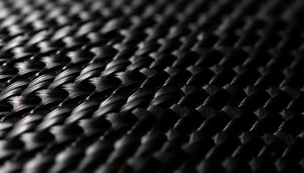A close-up view of a high-quality carbon fiber material, showcasing its intricate weave pattern and glossy, black sheen. The fibers are illuminated by a soft, diffused lighting, casting subtle shadows that accentuate the depth and texture of the material. The image is captured from a slightly elevated angle, providing a detailed, three-dimensional perspective on the carbon fiber's unique properties and engineering benefits, such as its exceptional strength-to-weight ratio, durability, and vibration-dampening qualities. The overall mood is one of technical precision and material excellence, suitable for illustrating the advantages of carbon fiber for trekking pole construction. A close-up view of a high-quality carbon fiber material, showcasing its intricate weave pattern and glossy, black sheen. The fibers are illuminated by a soft, diffused lighting, casting subtle shadows that accentuate the depth and texture of the material. The image is captured from a slightly elevated angle, providing a detailed, three-dimensional perspective on the carbon fiber's unique properties and engineering benefits, such as its exceptional strength-to-weight ratio, durability, and vibration-dampening qualities. The overall mood is one of technical precision and material excellence, suitable for illustrating the advantages of carbon fiber for trekking pole construction.