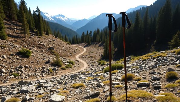 A pair of sturdy, carbon-fiber trekking poles standing upright on a varied terrain, featuring a rocky trail winding through a lush, forested landscape, with snow-capped mountains visible in the distant background. The poles are illuminated by warm, natural lighting, casting subtle shadows on the ground. The scene conveys a sense of adventure and exploration, inviting the viewer to imagine traversing the diverse terrain with the aid of these reliable hiking companions. A pair of sturdy, carbon-fiber trekking poles standing upright on a varied terrain, featuring a rocky trail winding through a lush, forested landscape, with snow-capped mountains visible in the distant background. The poles are illuminated by warm, natural lighting, casting subtle shadows on the ground. The scene conveys a sense of adventure and exploration, inviting the viewer to imagine traversing the diverse terrain with the aid of these reliable hiking companions.