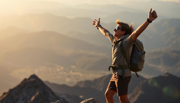 Hiker enjoying a scenic view with trekking poles on a mountain summit Hiker enjoying a scenic view with trekking poles on a mountain summit